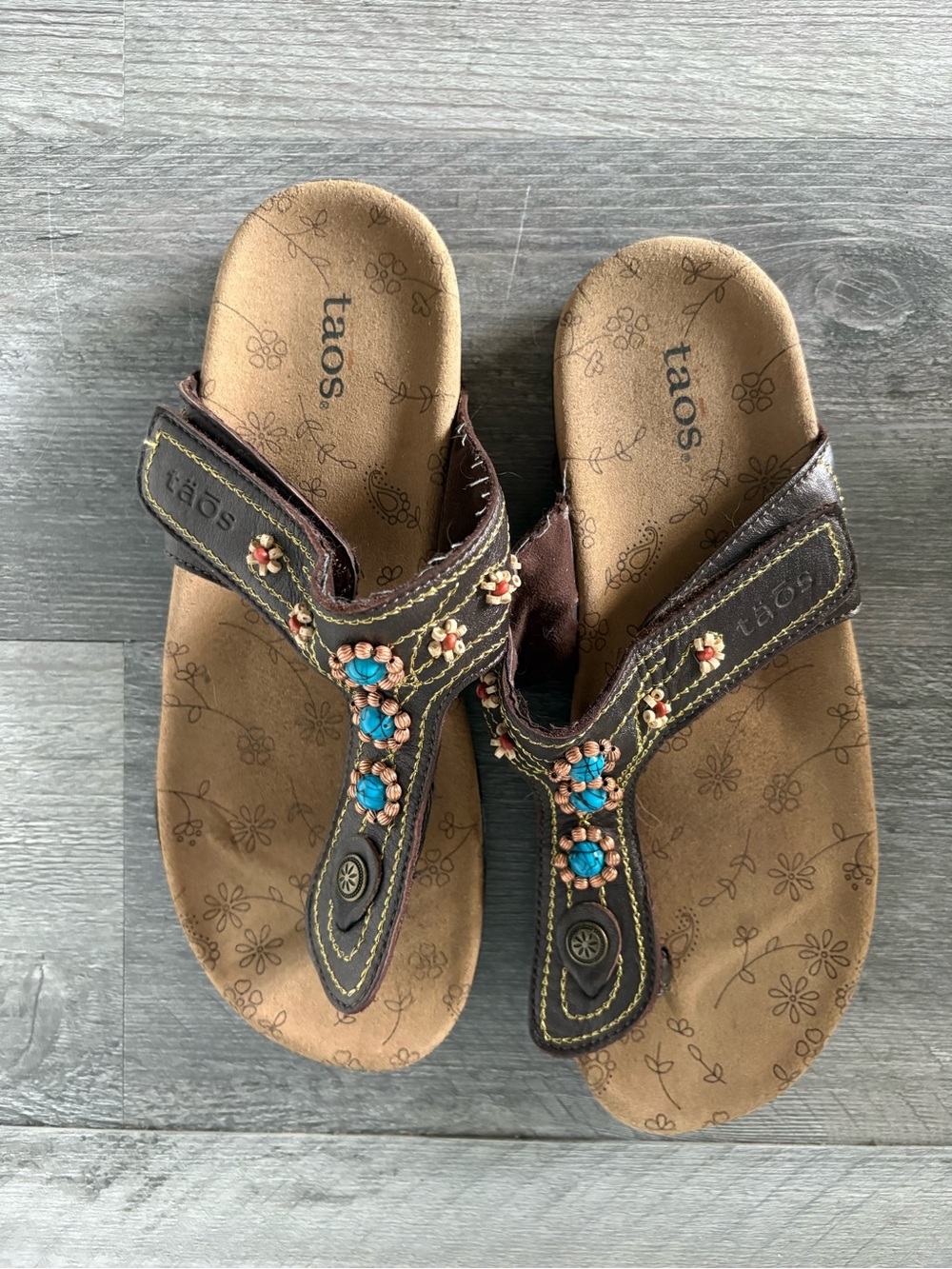 TAOS Scout Thong SandalsTurquoise Beaded Brown Leather Adjustable Comfort Boho 7